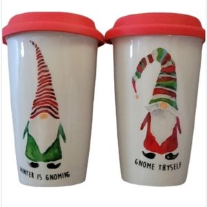 Set of 2 GNOME ELF Christmas Elves Ceramic Travel Tumbler Mugs Silicone Lids NEW